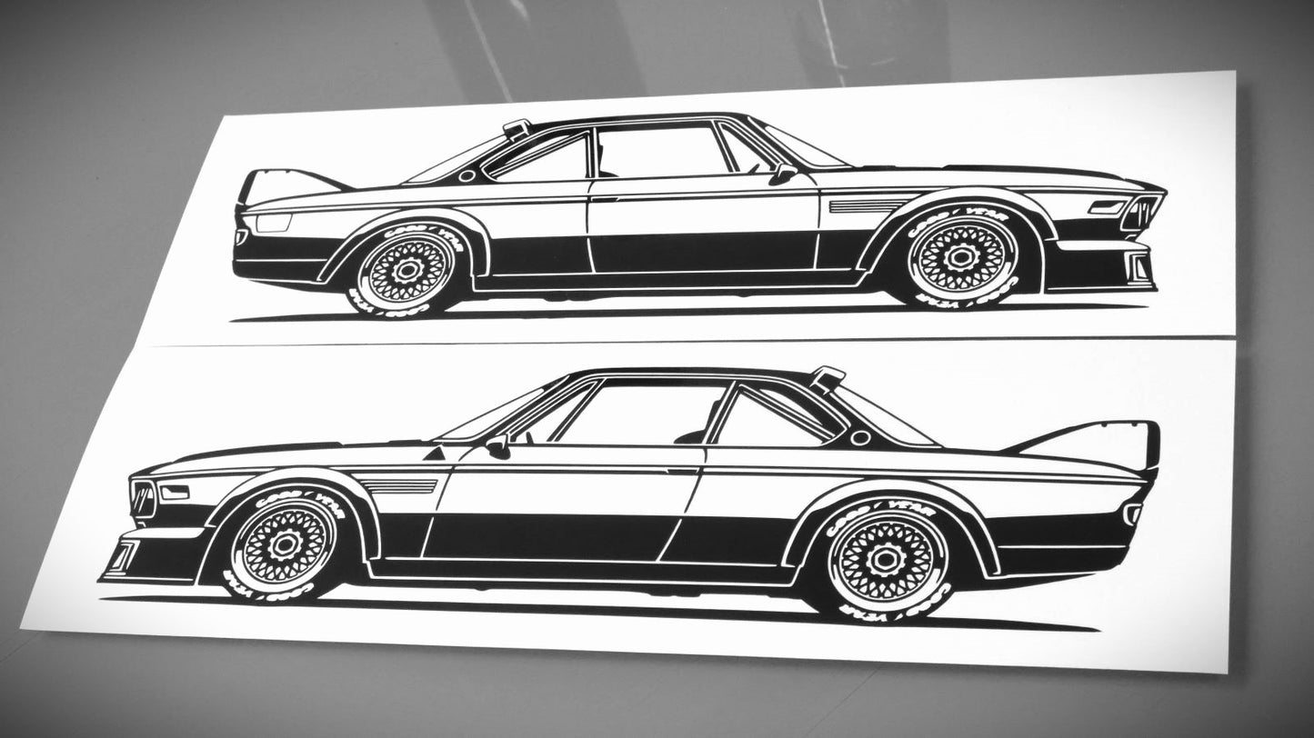 BMW E9 3.0 CSL Tourenwagen Aufkleber Sticker Silhouette Fahrzeugseitenansicht Links und Rechts