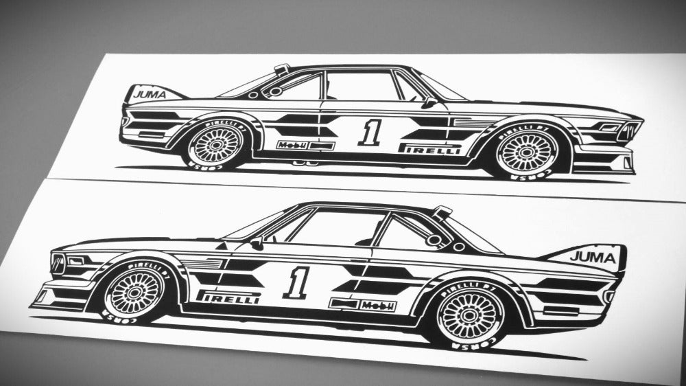 BMW E9 3.0 CSL Tourenwagen Team Itala Aufkleber Sticker Silhouette Fahrzeugseitenansicht Links und Rechts