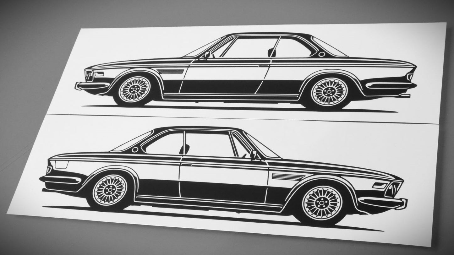 BMW E9 3.0 CSI Aufkleber Sticker Silhouette Fahrzeugseitenansicht Links und Rechts