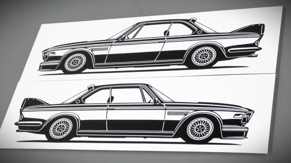 BMW E9 3.0 CSL Aufkleber Sticker Silhouette Fahrzeugseitenansicht Links und Rechts und Links