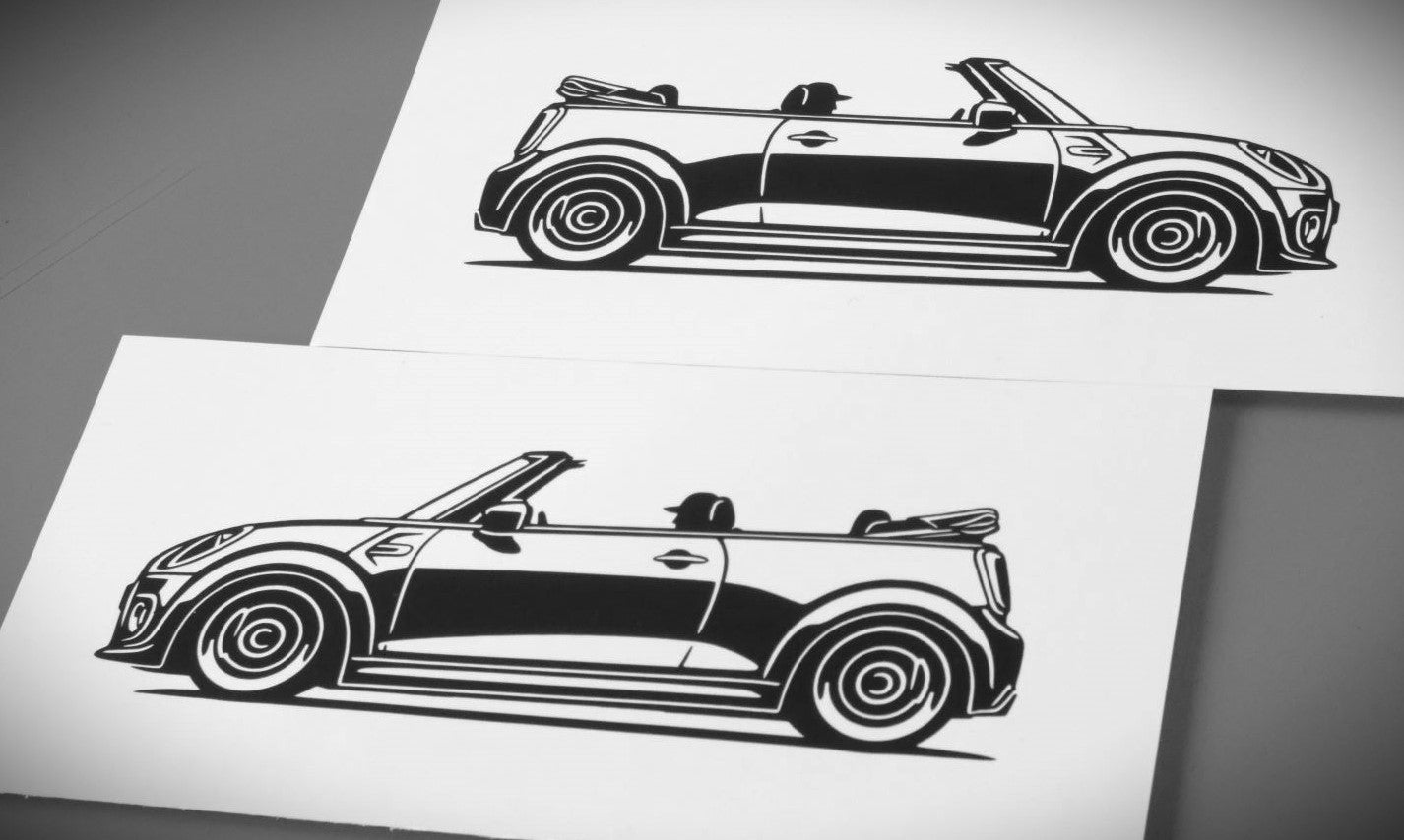 Mini Cooper S Cabrio Frontscheibenaufkleber Sticker Silhouette Fahrzeugseitenansicht Links und Rechts