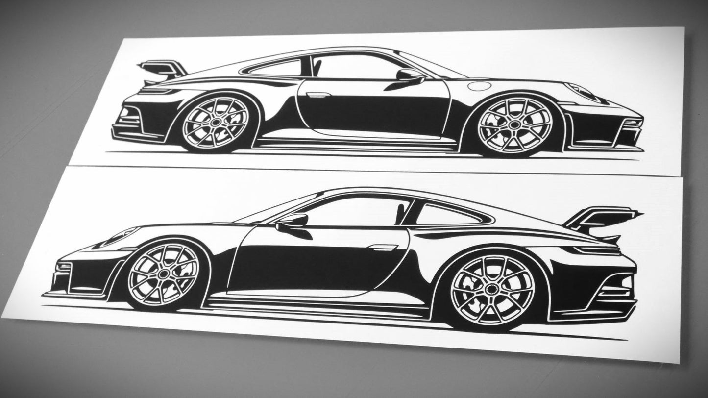 Porsche 911 992 GT3 Aufkleber Sticker Silhouette Fahrzeugseitenansicht Links und Rechts