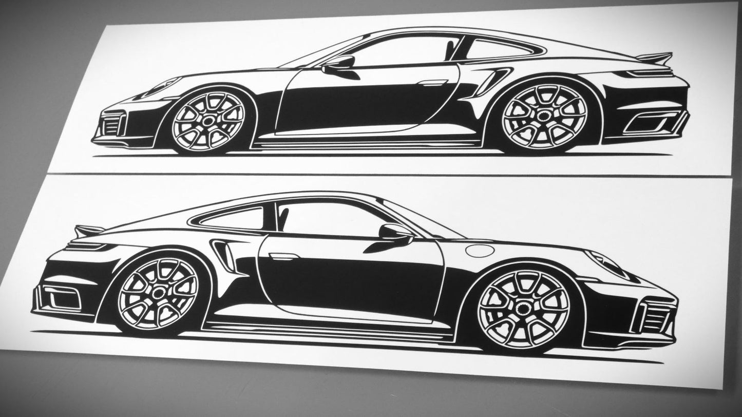 Porsche 911 992 Turbo Aufkleber Sticker Silhouette Fahrzeugseitenansicht Links und Rechts