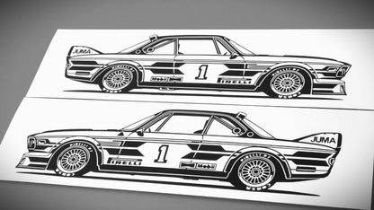 BMW E9 3.0 CSL Tourenwagen Team Itala Aufkleber Sticker Silhouette Fahrzeugseitenansicht Links und Rechts