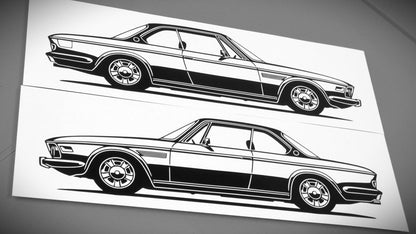 BMW E9 3.0 CS Aufkleber Sticker Silhouette Fahrzeugseitenansicht Links und Rechts