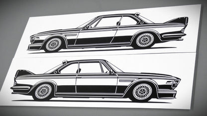 BMW E9 3.0 CSL Aufkleber Sticker Silhouette Fahrzeugseitenansicht Links und Rechts und Links