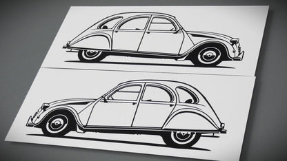 Citroen 2CV Ente Aufkleber Sticker Silhouette Fahrzeugseitenansicht Links und Rechts