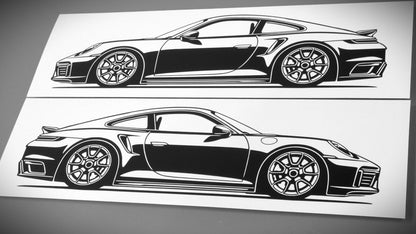 Porsche 911 992 Turbo Aufkleber Sticker Silhouette Fahrzeugseitenansicht Links und Rechts